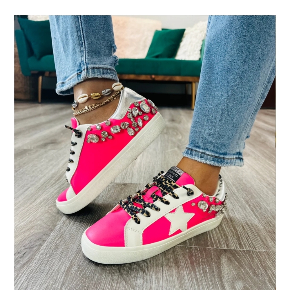 Vintage Havana Neon Pink and White Embellished Platform Sneakers